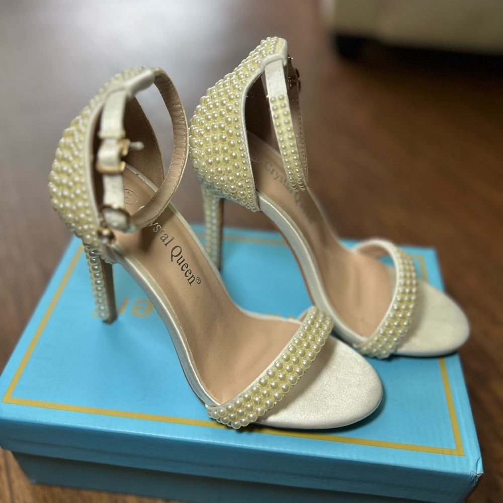 Pearl-Embellished Cream Heels